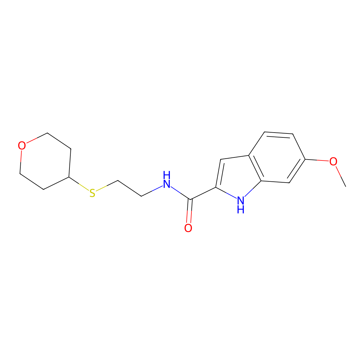 6-methoxy-N-[2-(oxan-4-ylsulfanyl)ethyl]-1H-indole-2-carboxamide molecular structure, CAS 1903335-05-6