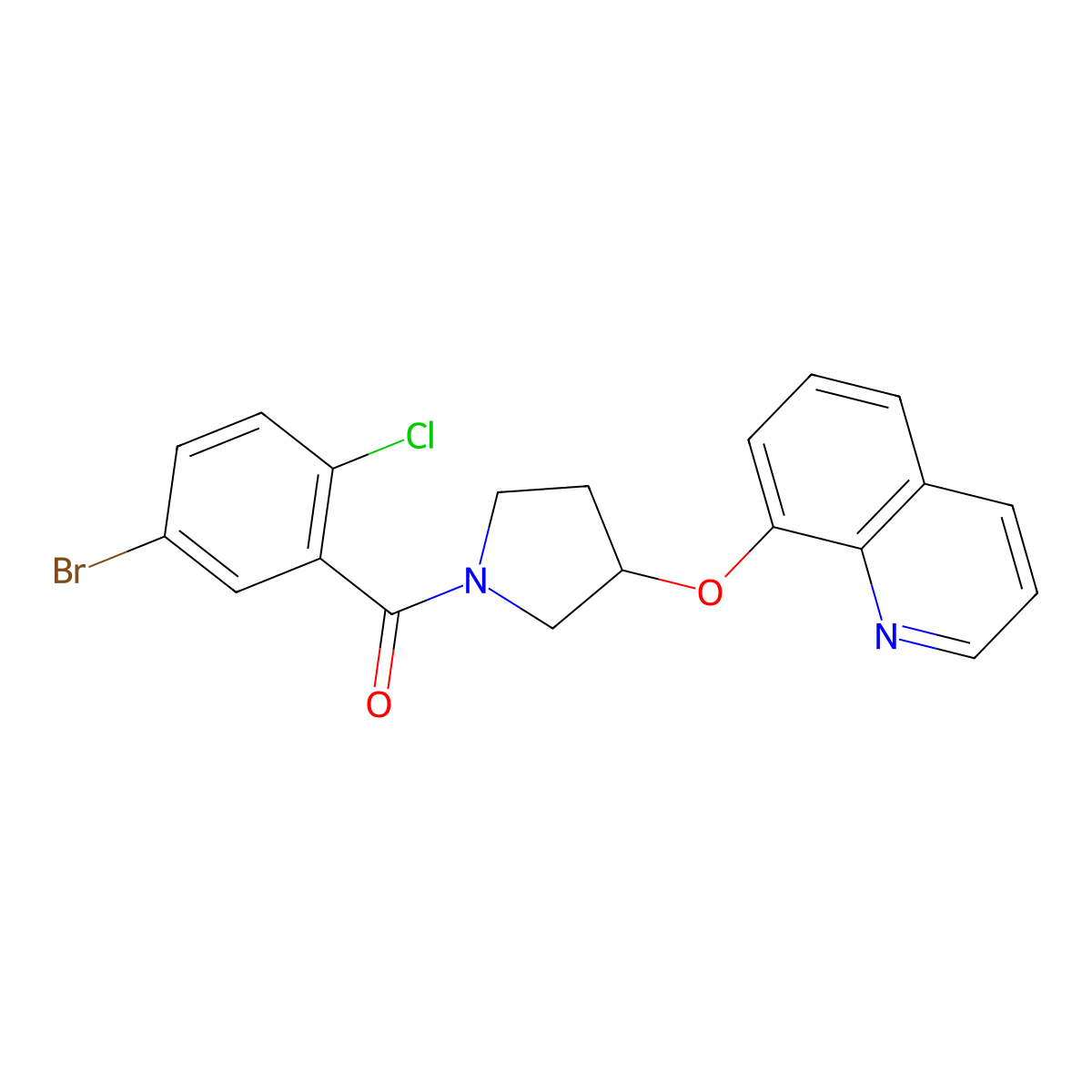 (5-Bromo-2-chlorophenyl)(3-(quinolin-8-yloxy)pyrrolidin-1-yl)methanone molecular structure, CAS 1903337-92-7