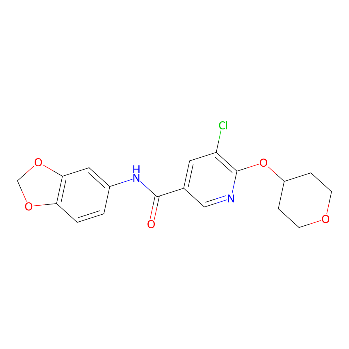 N-(benzo[d][1,3]dioxol-5-yl)-5-chloro-6-((tetrahydro-2H-pyran-4-yl)oxy)nicotinamide molecular structure, CAS 1903338-38-4