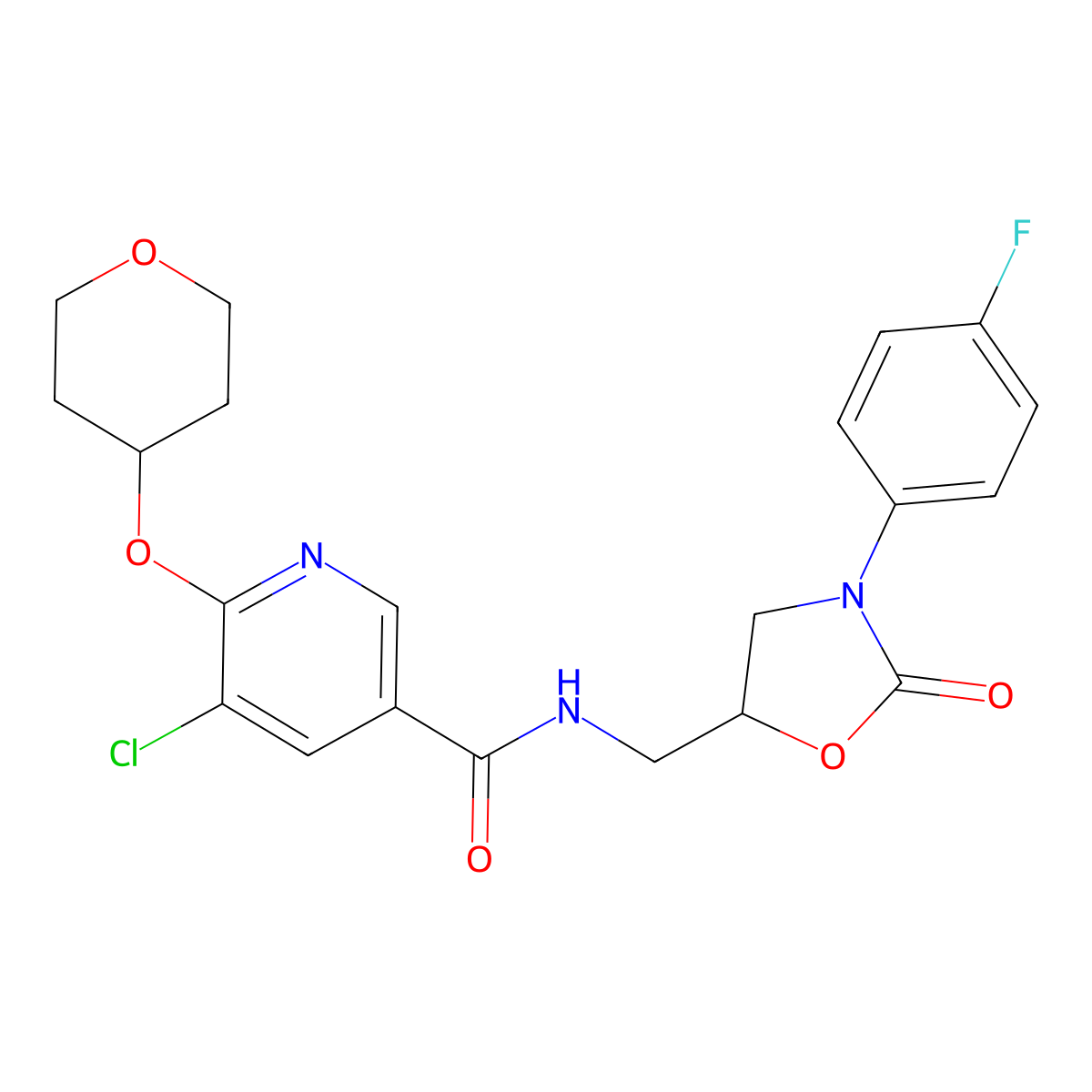 5-chloro-N-((3-(4-fluorophenyl)-2-oxooxazolidin-5-yl)methyl)-6-((tetrahydro-2H-pyran-4-yl)oxy)nicotinamide molecular structure, CAS 1903340-79-3