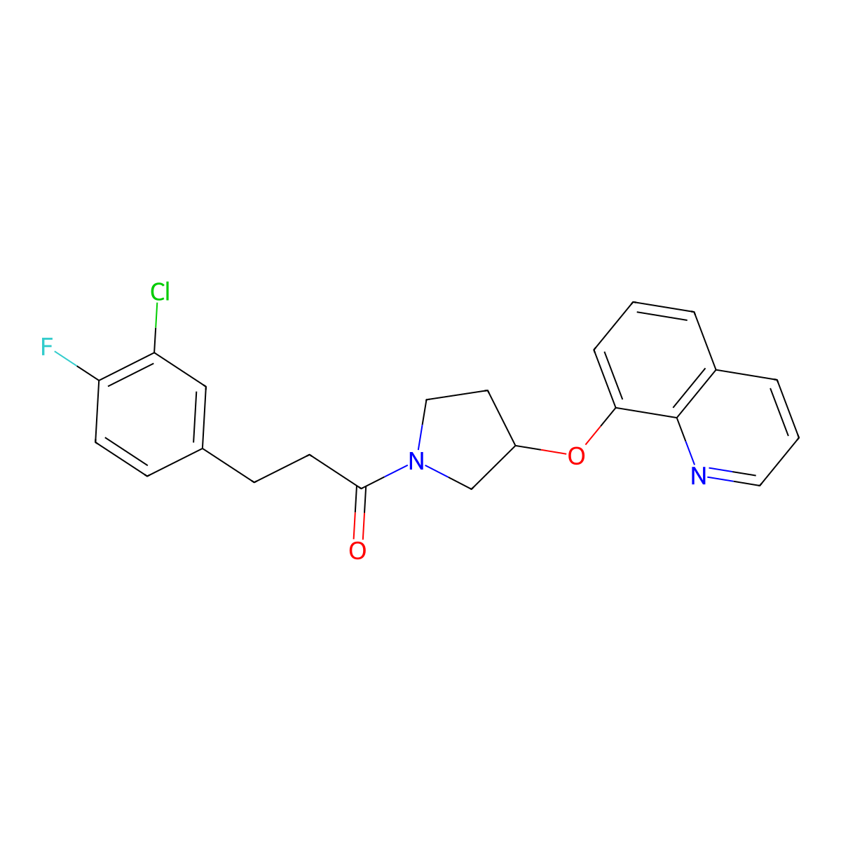 3-(3-Chloro-4-fluorophenyl)-1-[3-(quinolin-8-yloxy)pyrrolidin-1-yl]propan-1-one molecular structure, CAS 1903343-90-7