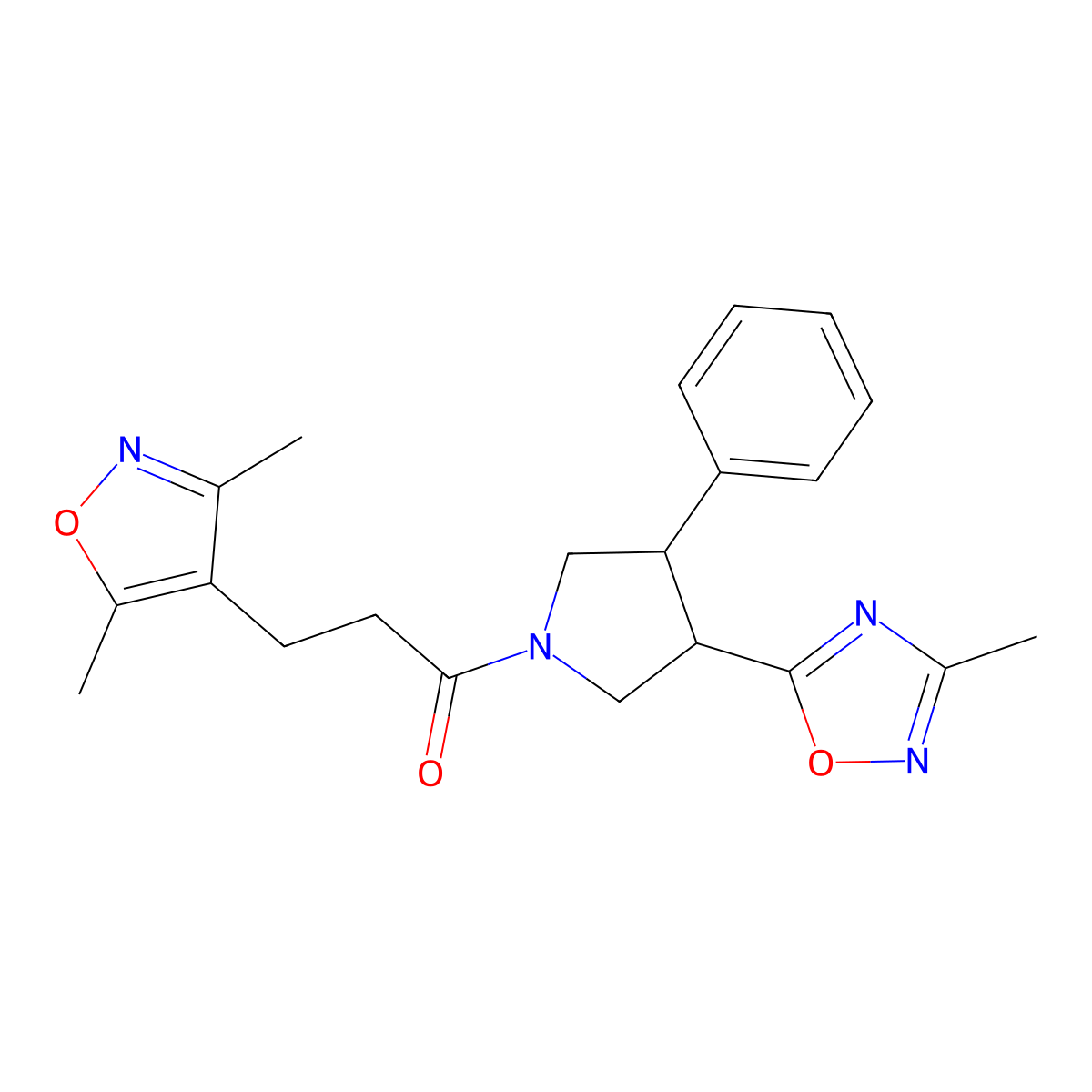 3-(3,5-Dimethylisoxazol-4-yl)-1-(3-(3-methyl-1,2,4-oxadiazol-5-yl)-4-phenylpyrrolidin-1-yl)propan-1-one molecular structure, CAS 1903382-35-3