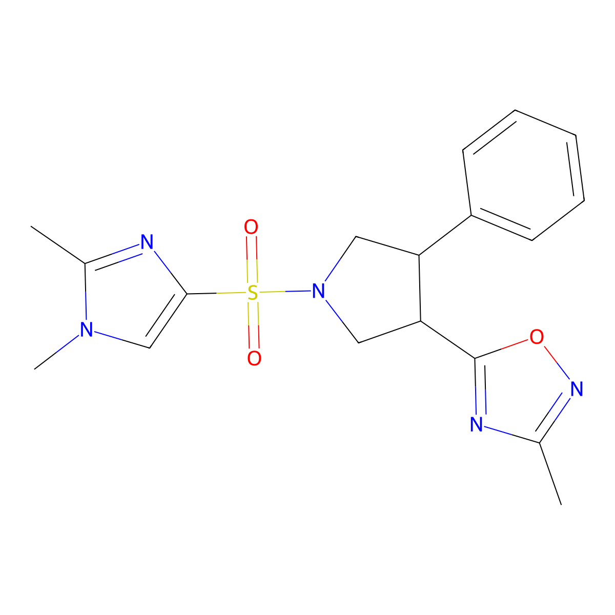 5-{1-[(1,2-dimethyl-1H-imidazol-4-yl)sulfonyl]-4-phenylpyrrolidin-3-yl}-3-methyl-1,2,4-oxadiazole molecular structure, CAS 1903382-53-5