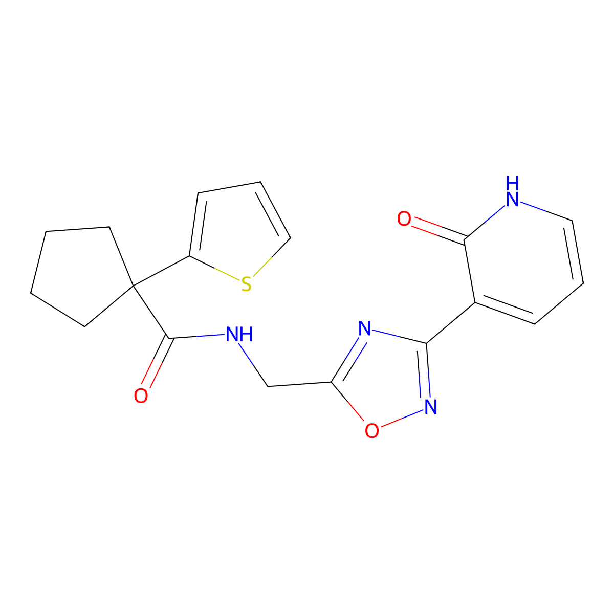 N-((3-(2-oxo-1,2-dihydropyridin-3-yl)-1,2,4-oxadiazol-5-yl)methyl)-1-(thiophen-2-yl)cyclopentanecarboxamide molecular structure, CAS 1903389-04-7