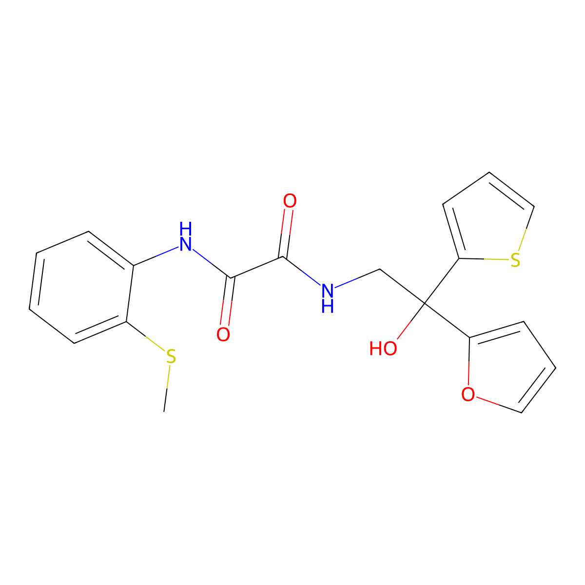 N1-(2-(furan-2-yl)-2-hydroxy-2-(thiophen-2-yl)ethyl)-N2-(2-(methylthio)phenyl)oxalamide molecular structure, CAS 1903390-39-5