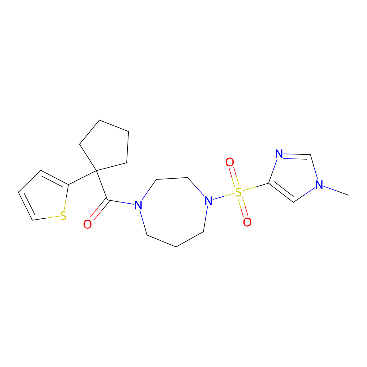 (4-((1-methyl-1H-imidazol-4-yl)sulfonyl)-1,4-diazepan-1-yl)(1-(thiophen-2-yl)cyclopentyl)methanone molecular structure, CAS 1903397-54-5