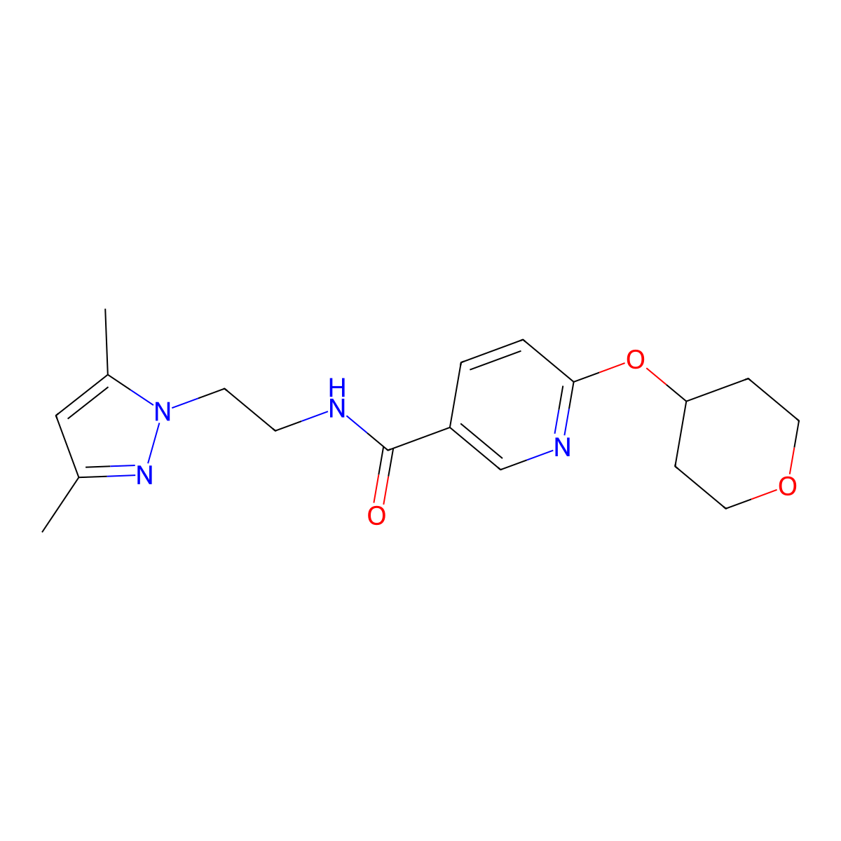 N-(2-(3,5-dimethyl-1H-pyrazol-1-yl)ethyl)-6-((tetrahydro-2H-pyran-4-yl)oxy)nicotinamide molecular structure, CAS 1903401-76-2