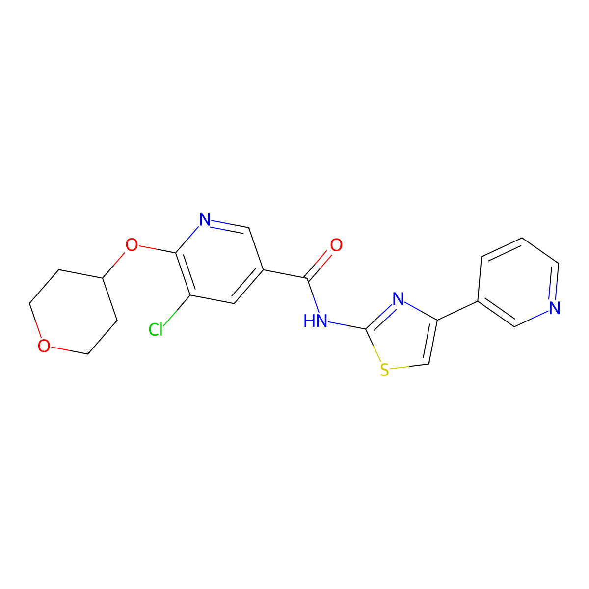 5-chloro-N-(4-(pyridin-3-yl)thiazol-2-yl)-6-((tetrahydro-2H-pyran-4-yl)oxy)nicotinamide molecular structure, CAS 1903403-57-5