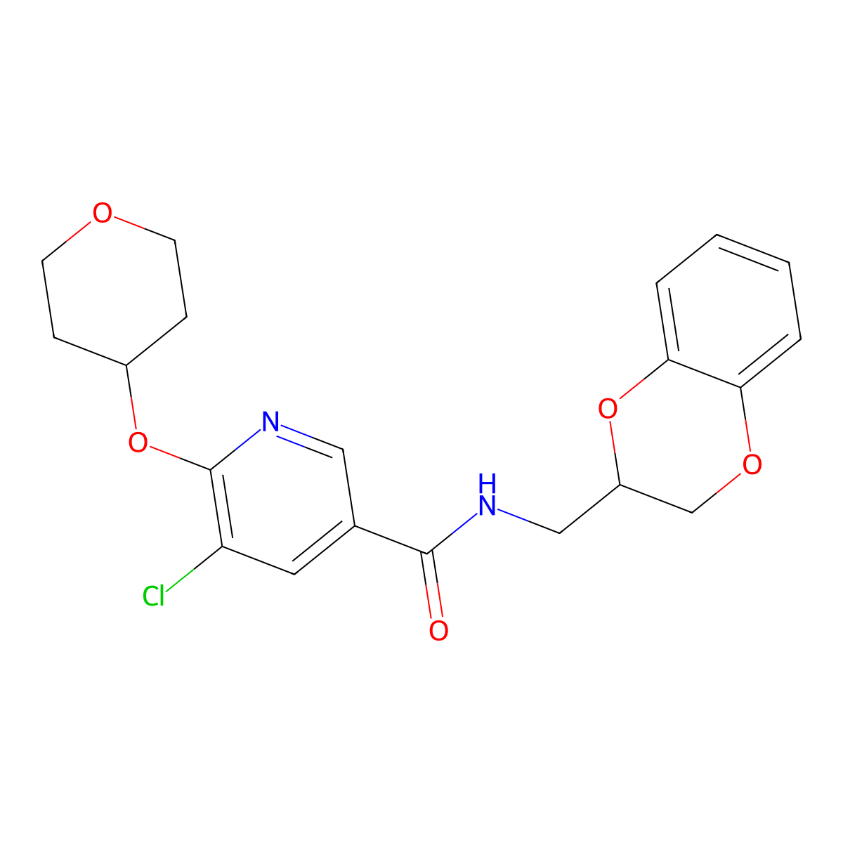 5-chloro-N-((2,3-dihydrobenzo[b][1,4]dioxin-2-yl)methyl)-6-((tetrahydro-2H-pyran-4-yl)oxy)nicotinamide molecular structure, CAS 1903408-25-2