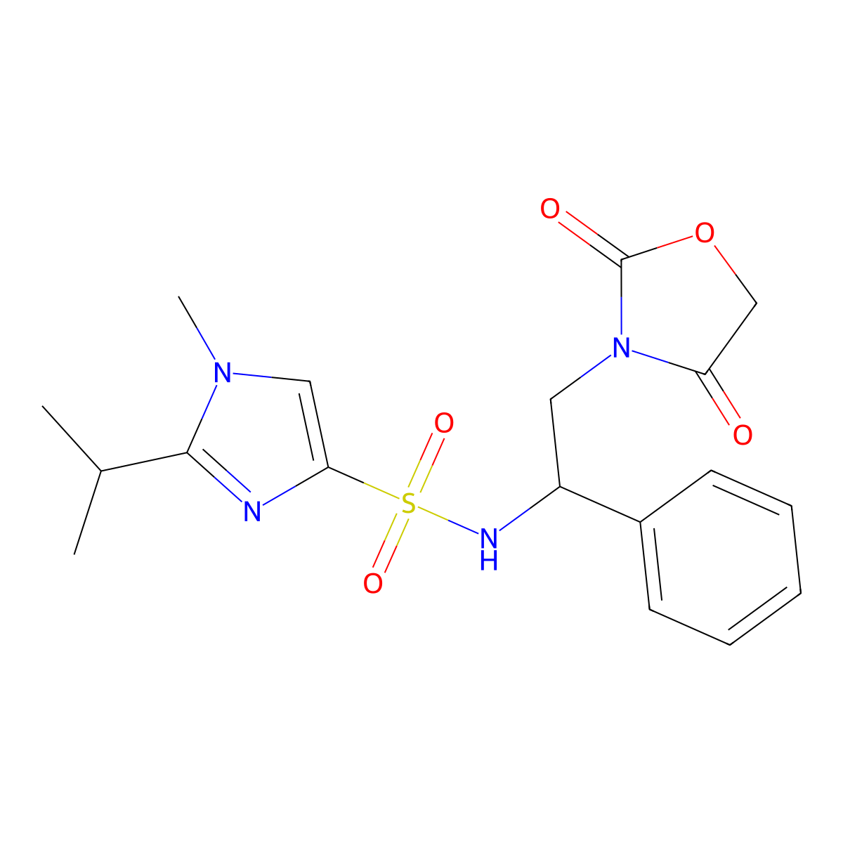 N-(2-(2,4-dioxooxazolidin-3-yl)-1-phenylethyl)-2-isopropyl-1-methyl-1H-imidazole-4-sulfonamide molecular structure, CAS 1903408-55-8