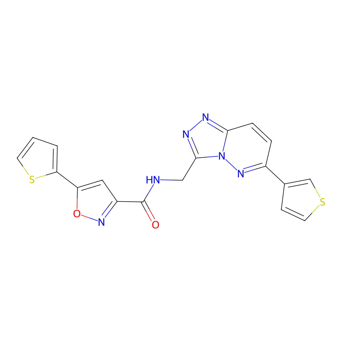 5-(thiophen-2-yl)-N-((6-(thiophen-3-yl)-[1,2,4]triazolo[4,3-b]pyridazin-3-yl)methyl)isoxazole-3-carboxamide molecular structure, CAS 1903425-96-6