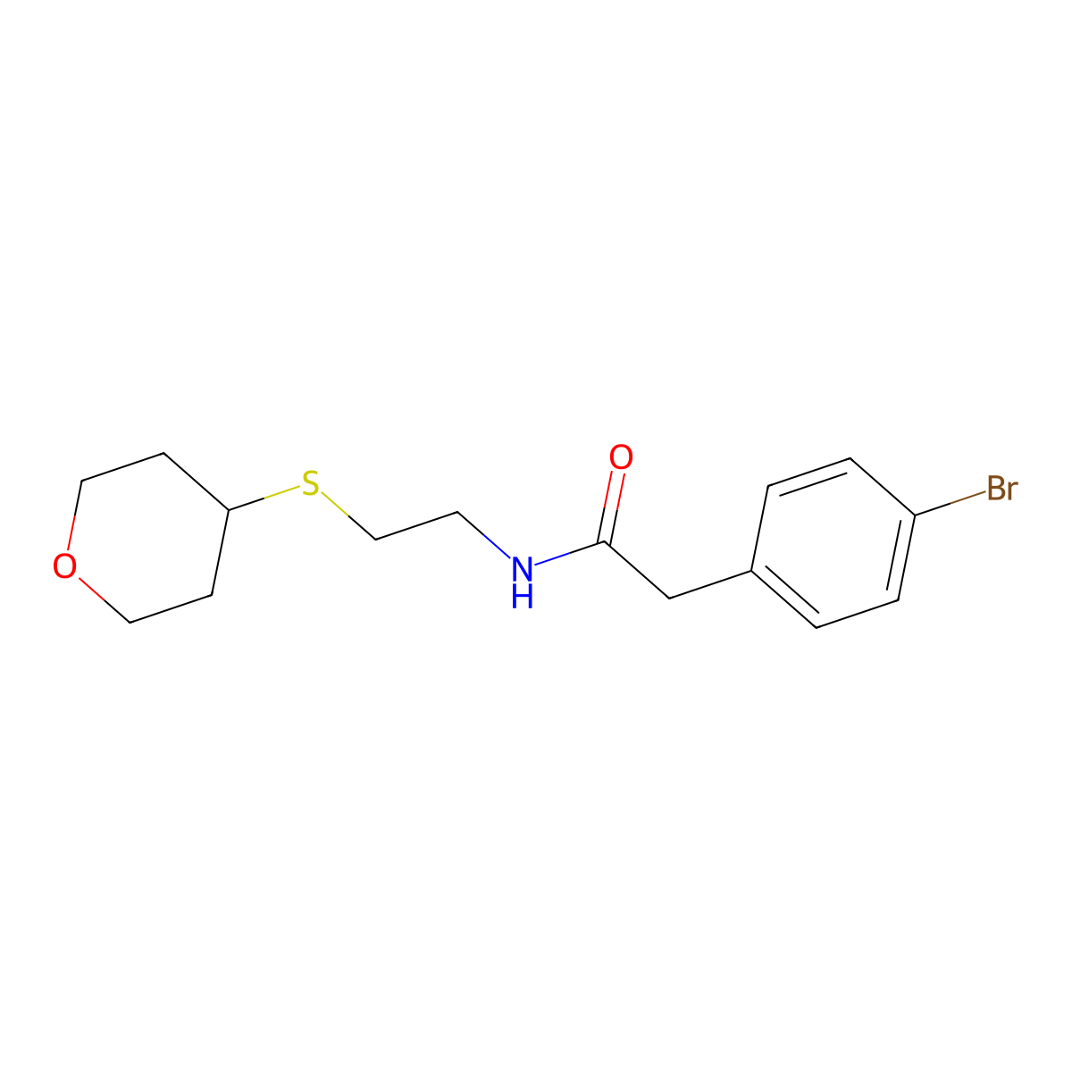 2-(4-bromophenyl)-N-[2-(oxan-4-ylsulfanyl)ethyl]acetamide molecular structure, CAS 1903437-97-7