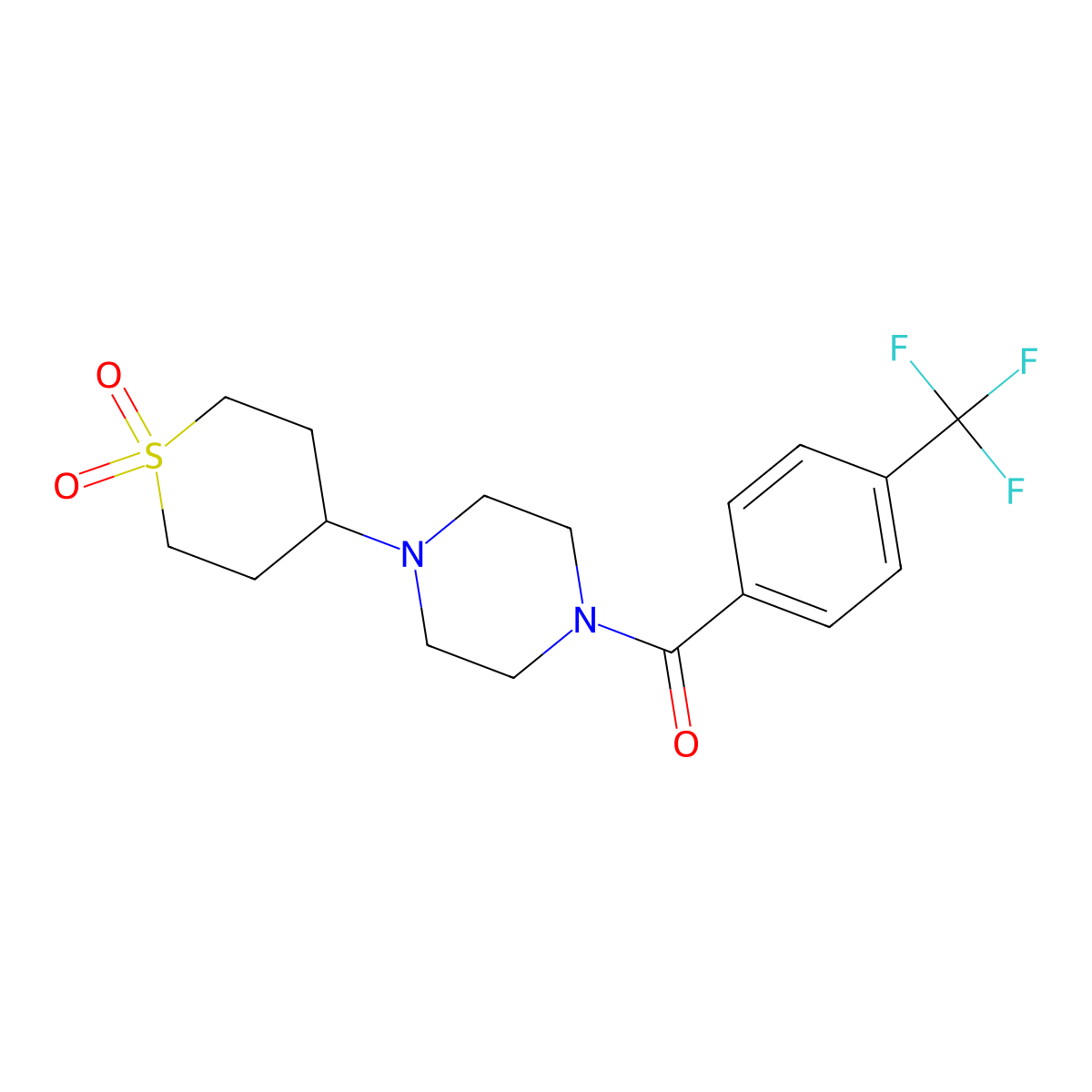 (4-(1,1-dioxidotetrahydro-2H-thiopyran-4-yl)piperazin-1-yl)(4-(trifluoromethyl)phenyl)methanone molecular structure, CAS 1903439-95-1