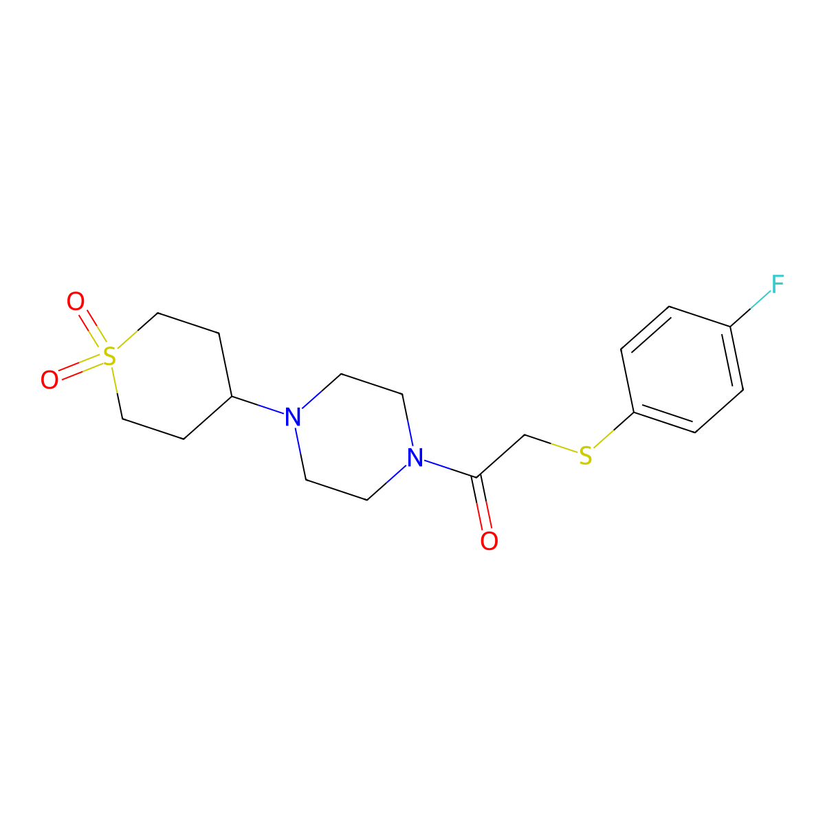 1-(4-(1,1-dioxidotetrahydro-2H-thiopyran-4-yl)piperazin-1-yl)-2-((4-fluorophenyl)thio)ethanone molecular structure, CAS 1903440-01-6