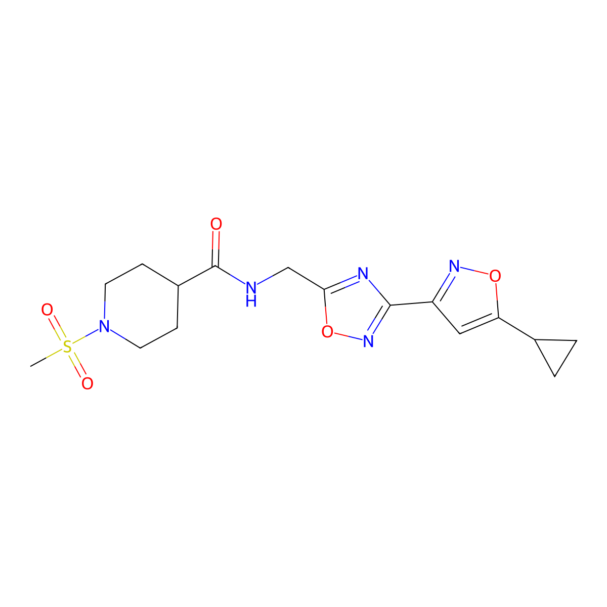N-((3-(5-cyclopropylisoxazol-3-yl)-1,2,4-oxadiazol-5-yl)methyl)-1-(methylsulfonyl)piperidine-4-carboxamide molecular structure, CAS 1903440-60-7