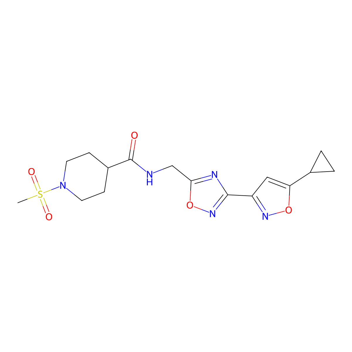 N-((3-(5-cyclopropylisoxazol-3-yl)-1,2,4-oxadiazol-5-yl)methyl)-1-(methylsulfonyl)piperidine-4-carboxamide molecular structure, CAS 1903440-60-7