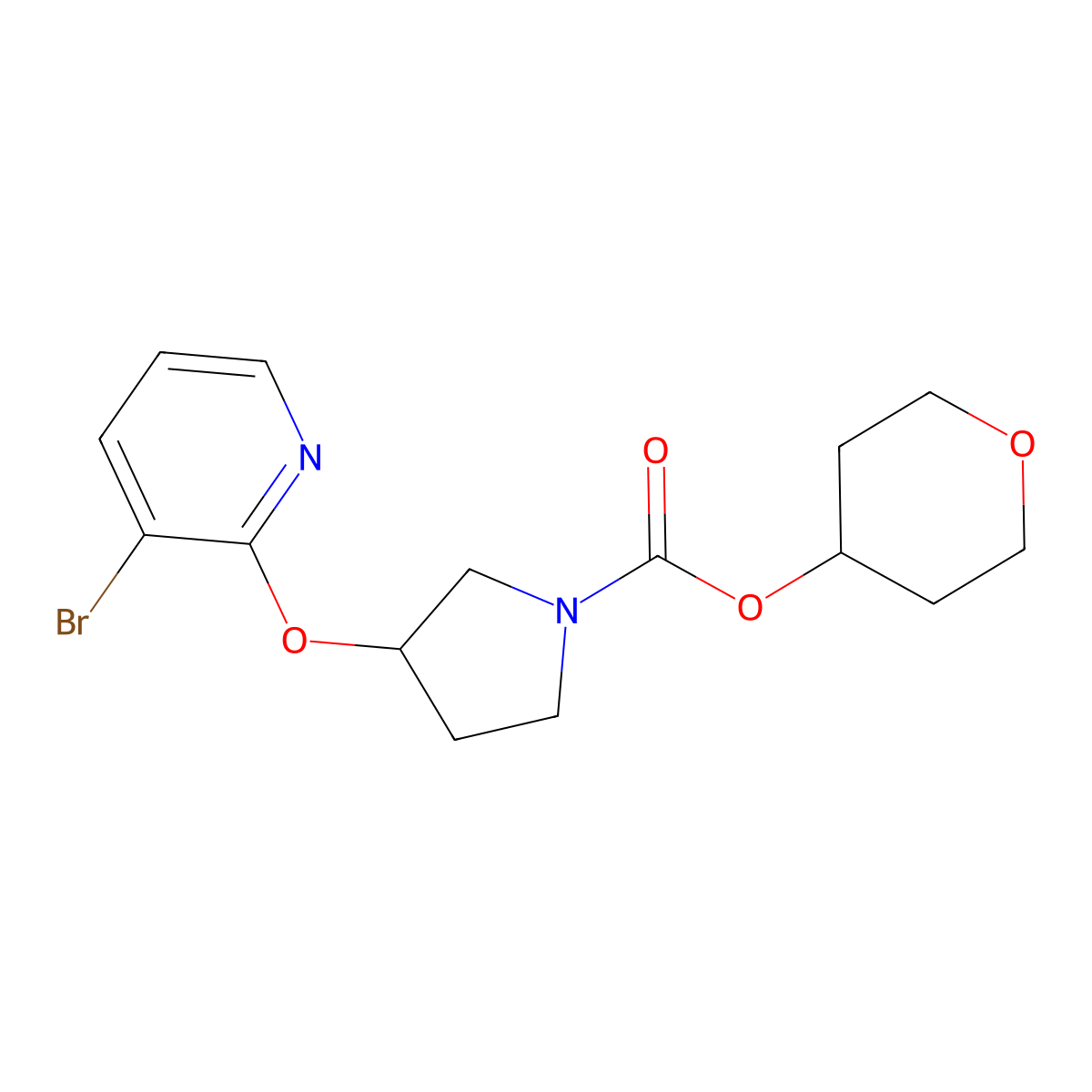 tetrahydro-2H-pyran-4-yl 3-((3-bromopyridin-2-yl)oxy)pyrrolidine-1-carboxylate molecular structure, CAS 1903442-26-1