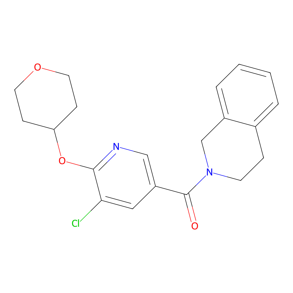 (5-chloro-6-((tetrahydro-2H-pyran-4-yl)oxy)pyridin-3-yl)(3,4-dihydroisoquinolin-2(1H)-yl)methanone molecular structure, CAS 1903462-23-6