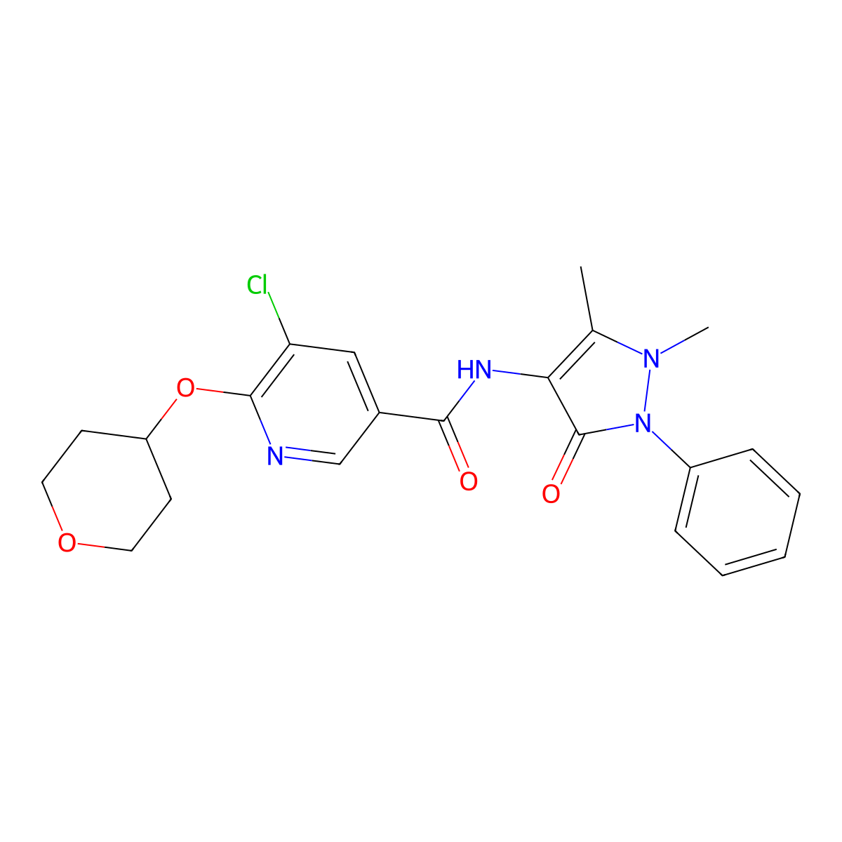 5-chloro-N-(1,5-dimethyl-3-oxo-2-phenyl-2,3-dihydro-1H-pyrazol-4-yl)-6-((tetrahydro-2H-pyran-4-yl)oxy)nicotinamide molecular structure, CAS 1903462-89-4