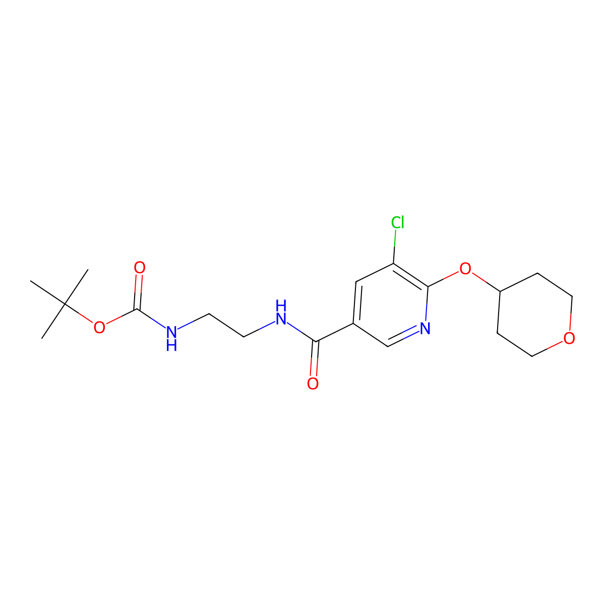 tert-butyl (2-(5-chloro-6-((tetrahydro-2H-pyran-4-yl)oxy)nicotinamido)ethyl)carbamate molecular structure, CAS 1903463-00-2