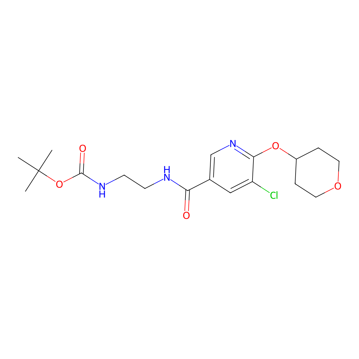 tert-butyl (2-(5-chloro-6-((tetrahydro-2H-pyran-4-yl)oxy)nicotinamido)ethyl)carbamate molecular structure, CAS 1903463-00-2