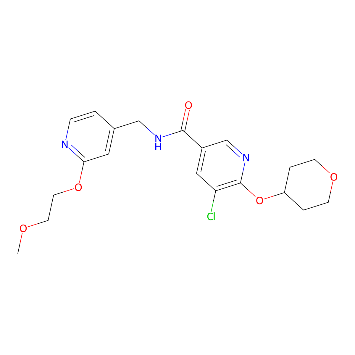 5-chloro-N-((2-(2-methoxyethoxy)pyridin-4-yl)methyl)-6-((tetrahydro-2H-pyran-4-yl)oxy)nicotinamide molecular structure, CAS 1903463-11-5