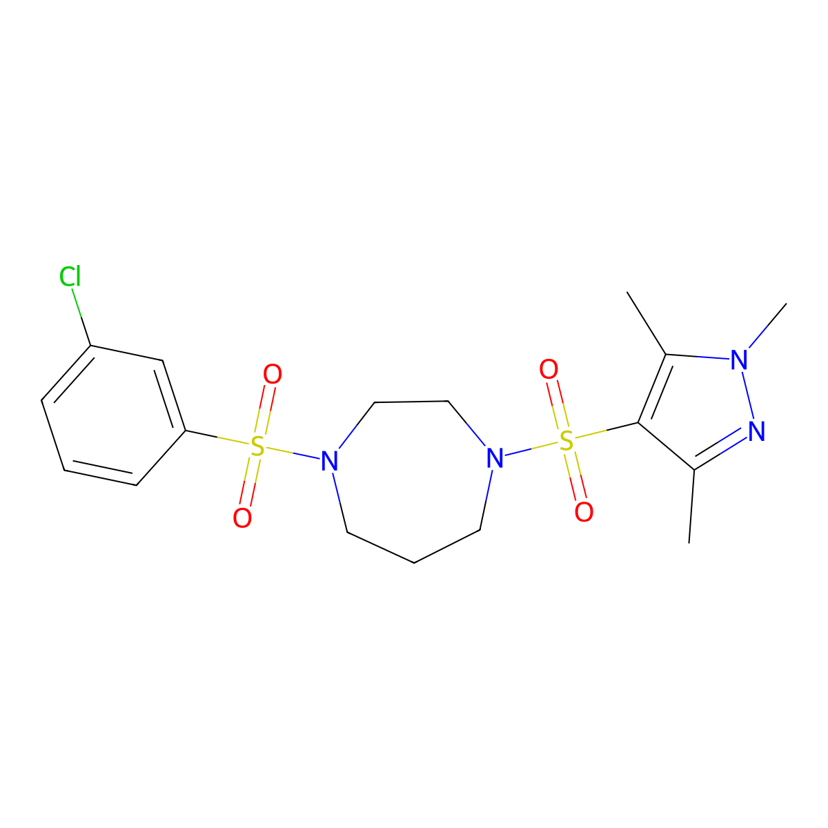 1-((3-chlorophenyl)sulfonyl)-4-((1,3,5-trimethyl-1H-pyrazol-4-yl)sulfonyl)-1,4-diazepane molecular structure, CAS 1903480-50-1