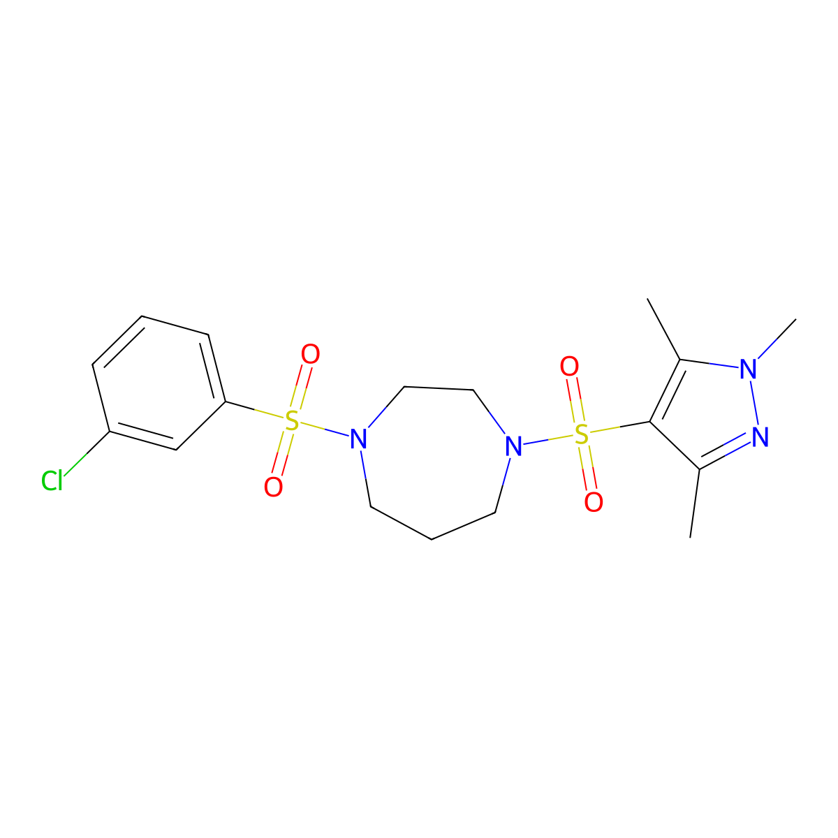 1-((3-chlorophenyl)sulfonyl)-4-((1,3,5-trimethyl-1H-pyrazol-4-yl)sulfonyl)-1,4-diazepane molecular structure, CAS 1903480-50-1