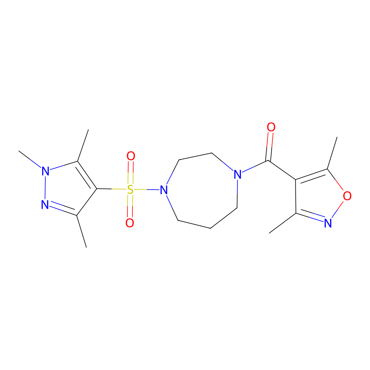 (3,5-dimethylisoxazol-4-yl)(4-((1,3,5-trimethyl-1H-pyrazol-4-yl)sulfonyl)-1,4-diazepan-1-yl)methanone molecular structure, CAS 1903501-19-8