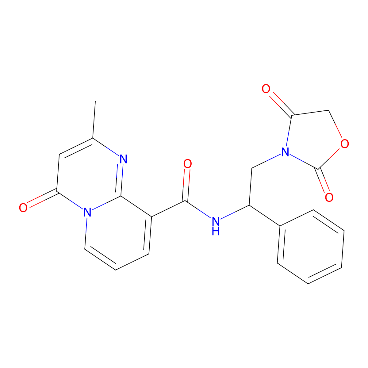 N-(2-(2,4-dioxooxazolidin-3-yl)-1-phenylethyl)-2-methyl-4-oxo-4H-pyrido[1,2-a]pyrimidine-9-carboxamide molecular structure, CAS 1903504-39-1