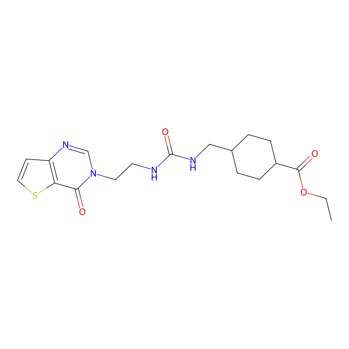 ethyl 4-((3-(2-(4-oxothieno[3,2-d]pyrimidin-3(4H)-yl)ethyl)ureido)methyl)cyclohexanecarboxylate molecular structure, CAS 1903517-89-4
