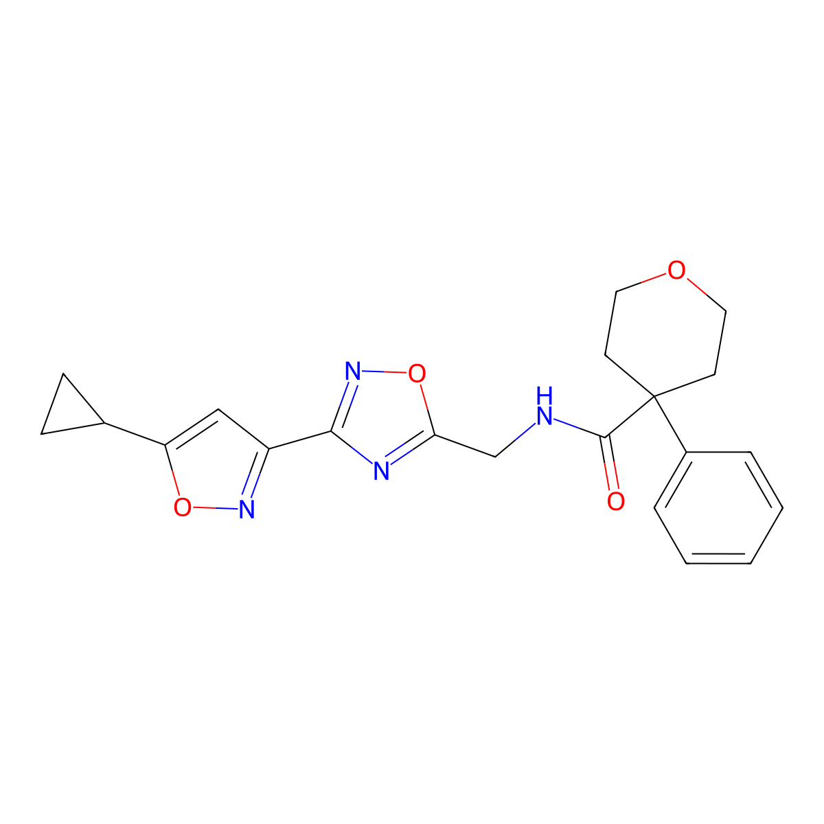 N-((3-(5-cyclopropylisoxazol-3-yl)-1,2,4-oxadiazol-5-yl)methyl)-4-phenyltetrahydro-2H-pyran-4-carboxamide molecular structure, CAS 1903520-77-3