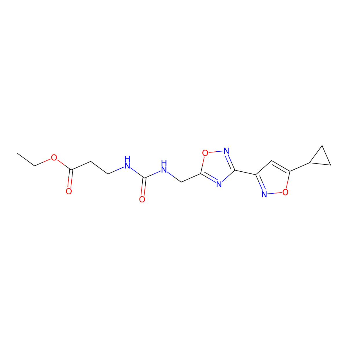 Ethyl 3-(3-((3-(5-cyclopropylisoxazol-3-yl)-1,2,4-oxadiazol-5-yl)methyl)ureido)propanoate molecular structure, CAS 1903521-16-3