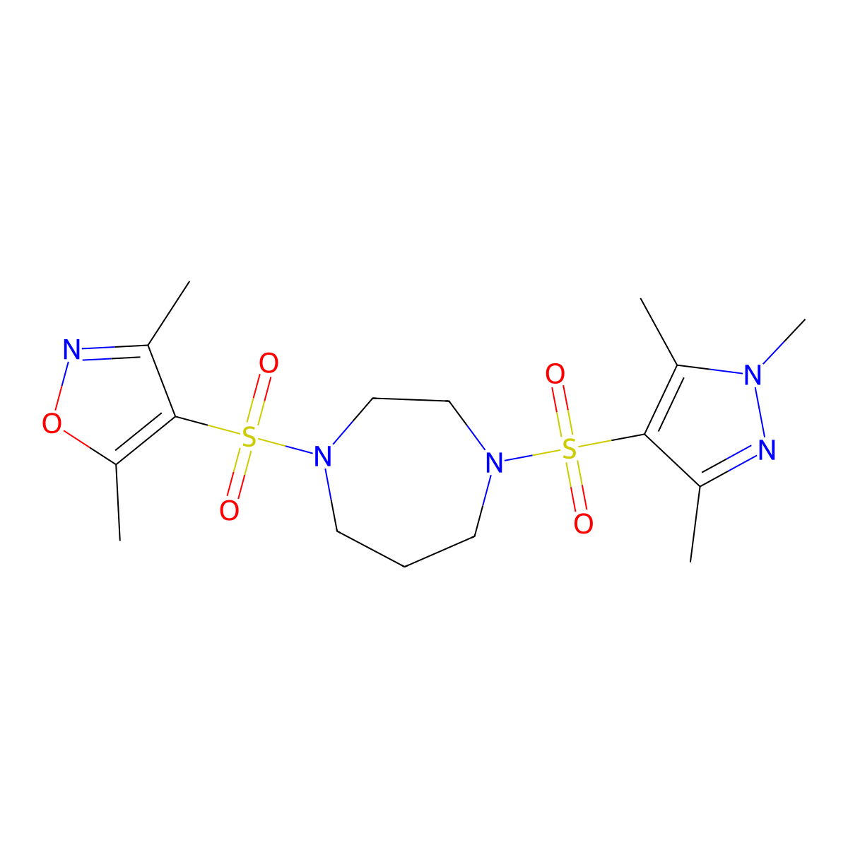 3,5-dimethyl-4-((4-((1,3,5-trimethyl-1H-pyrazol-4-yl)sulfonyl)-1,4-diazepan-1-yl)sulfonyl)isoxazole molecular structure, CAS 1903542-86-8