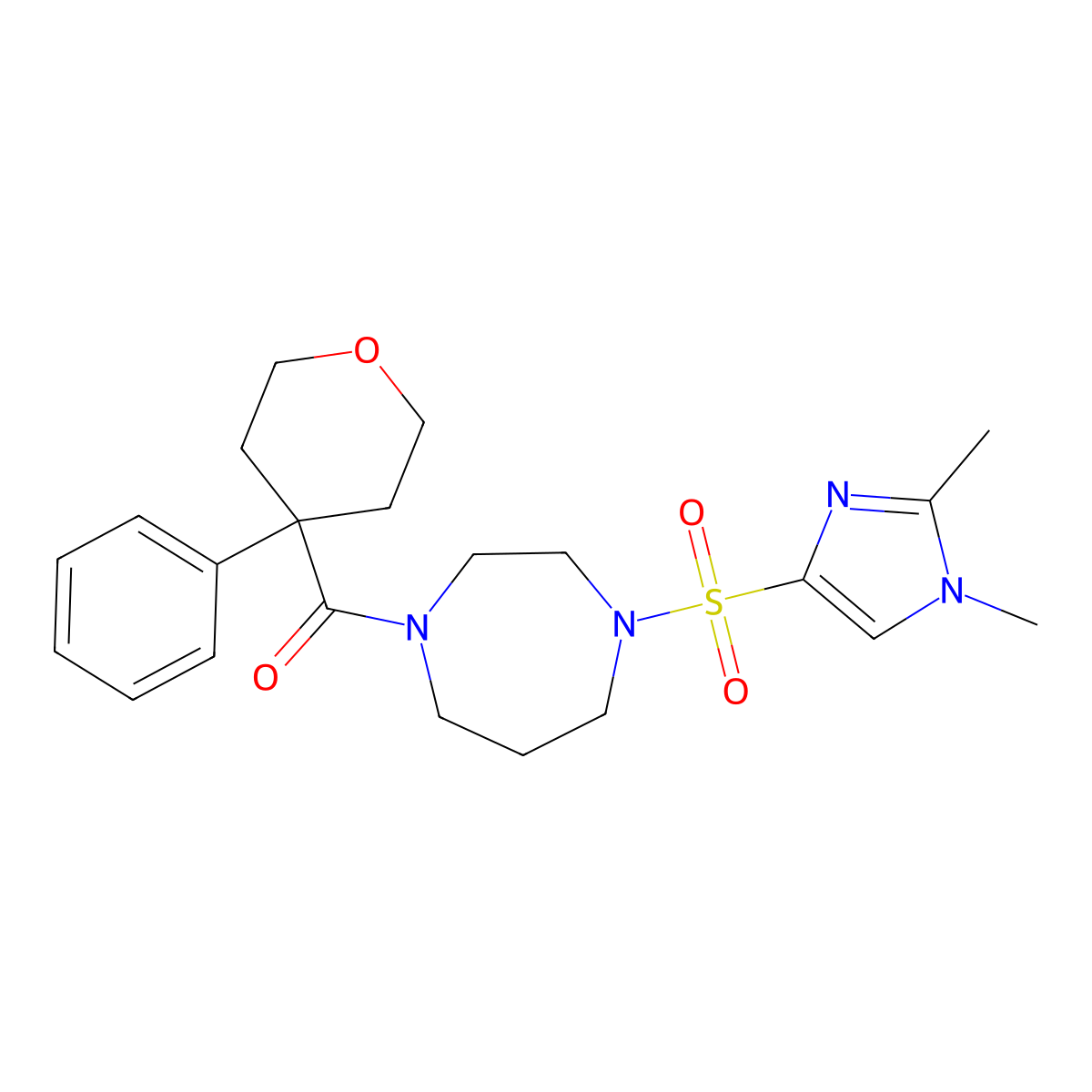 (4-((1,2-dimethyl-1H-imidazol-4-yl)sulfonyl)-1,4-diazepan-1-yl)(4-phenyltetrahydro-2H-pyran-4-yl)methanone molecular structure, CAS 1903547-32-9