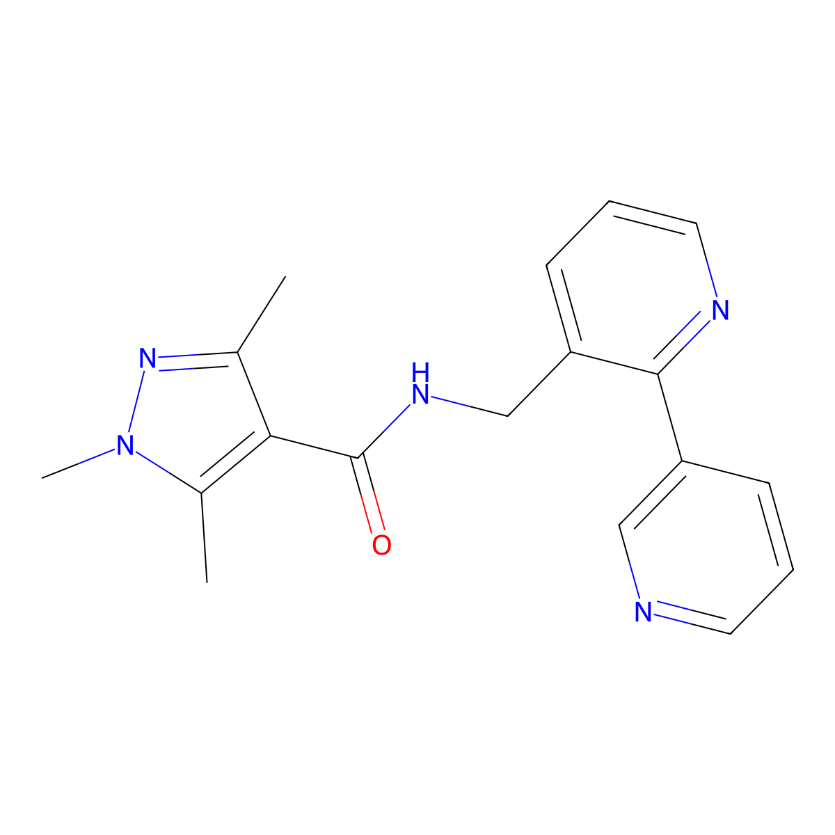 N-({[2,3'-bipyridine]-3-yl}methyl)-1,3,5-trimethyl-1H-pyrazole-4-carboxamide molecular structure, CAS 1903548-81-1