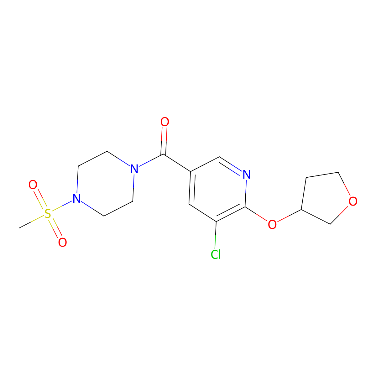 (5-Chloro-6-((tetrahydrofuran-3-yl)oxy)pyridin-3-yl)(4-(methylsulfonyl)piperazin-1-yl)methanone molecular structure, CAS 1903555-23-6