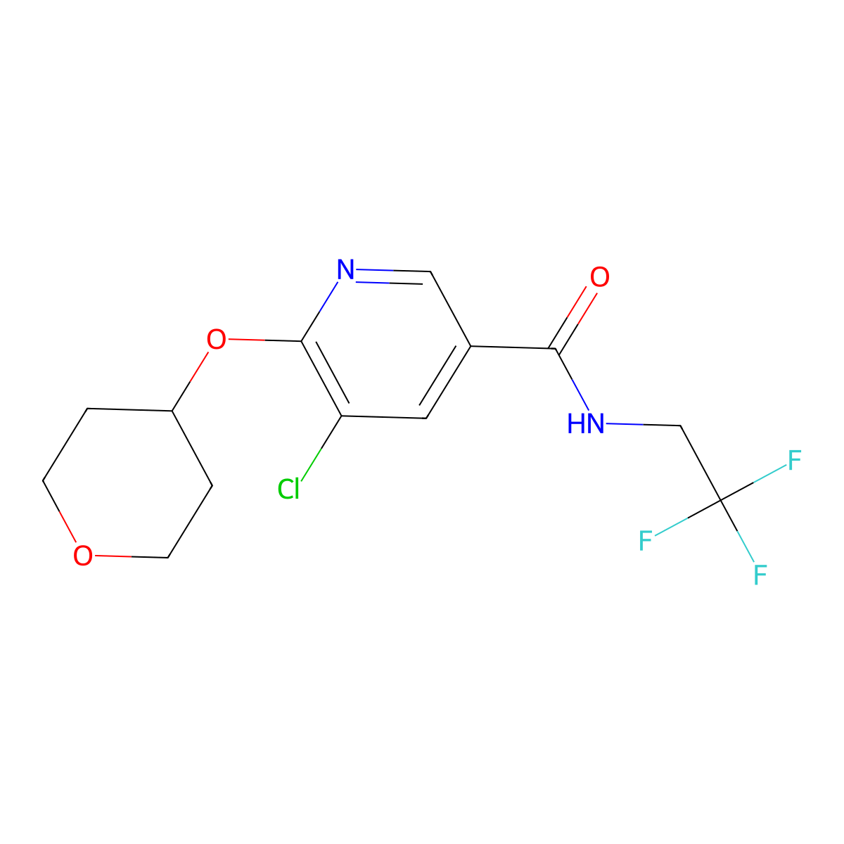 5-chloro-6-(oxan-4-yloxy)-N-(2,2,2-trifluoroethyl)pyridine-3-carboxamide molecular structure, CAS 1903556-83-1