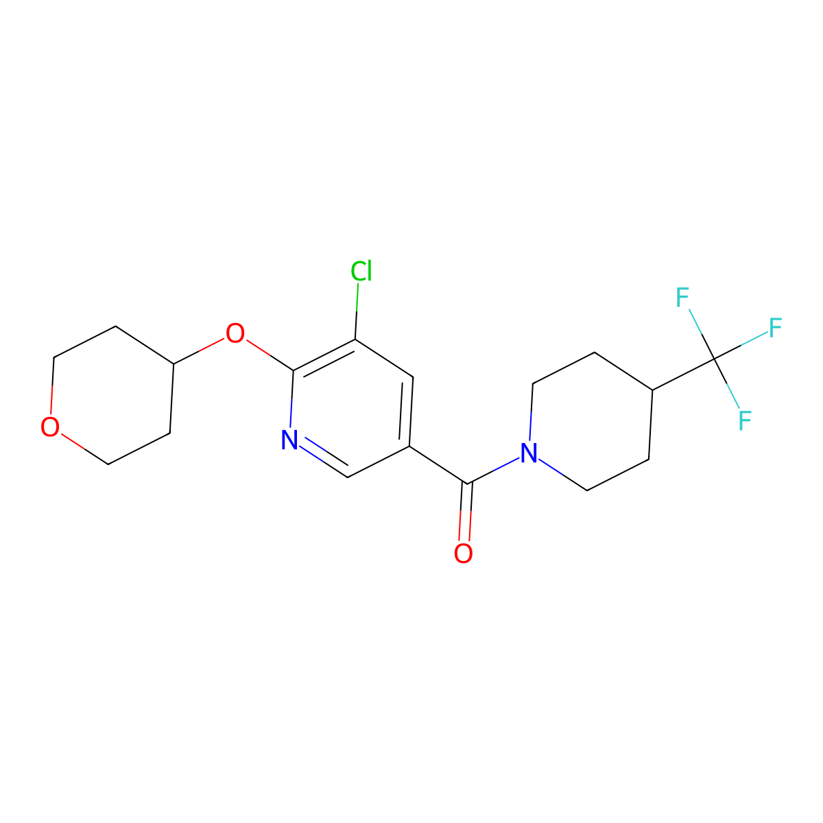 (5-chloro-6-((tetrahydro-2H-pyran-4-yl)oxy)pyridin-3-yl)(4-(trifluoromethyl)piperidin-1-yl)methanone molecular structure, CAS 1903556-94-4