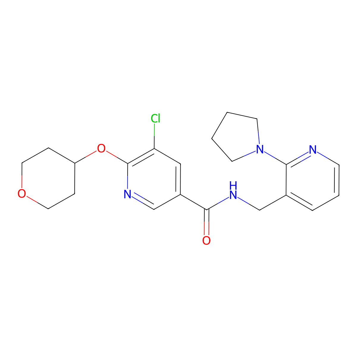 5-chloro-N-((2-(pyrrolidin-1-yl)pyridin-3-yl)methyl)-6-((tetrahydro-2H-pyran-4-yl)oxy)nicotinamide molecular structure, CAS 1903559-48-7