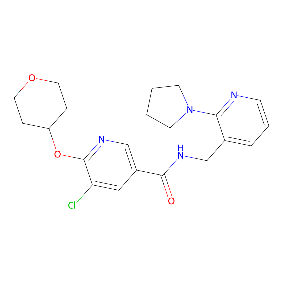 5-chloro-N-((2-(pyrrolidin-1-yl)pyridin-3-yl)methyl)-6-((tetrahydro-2H-pyran-4-yl)oxy)nicotinamide molecular structure, CAS 1903559-48-7