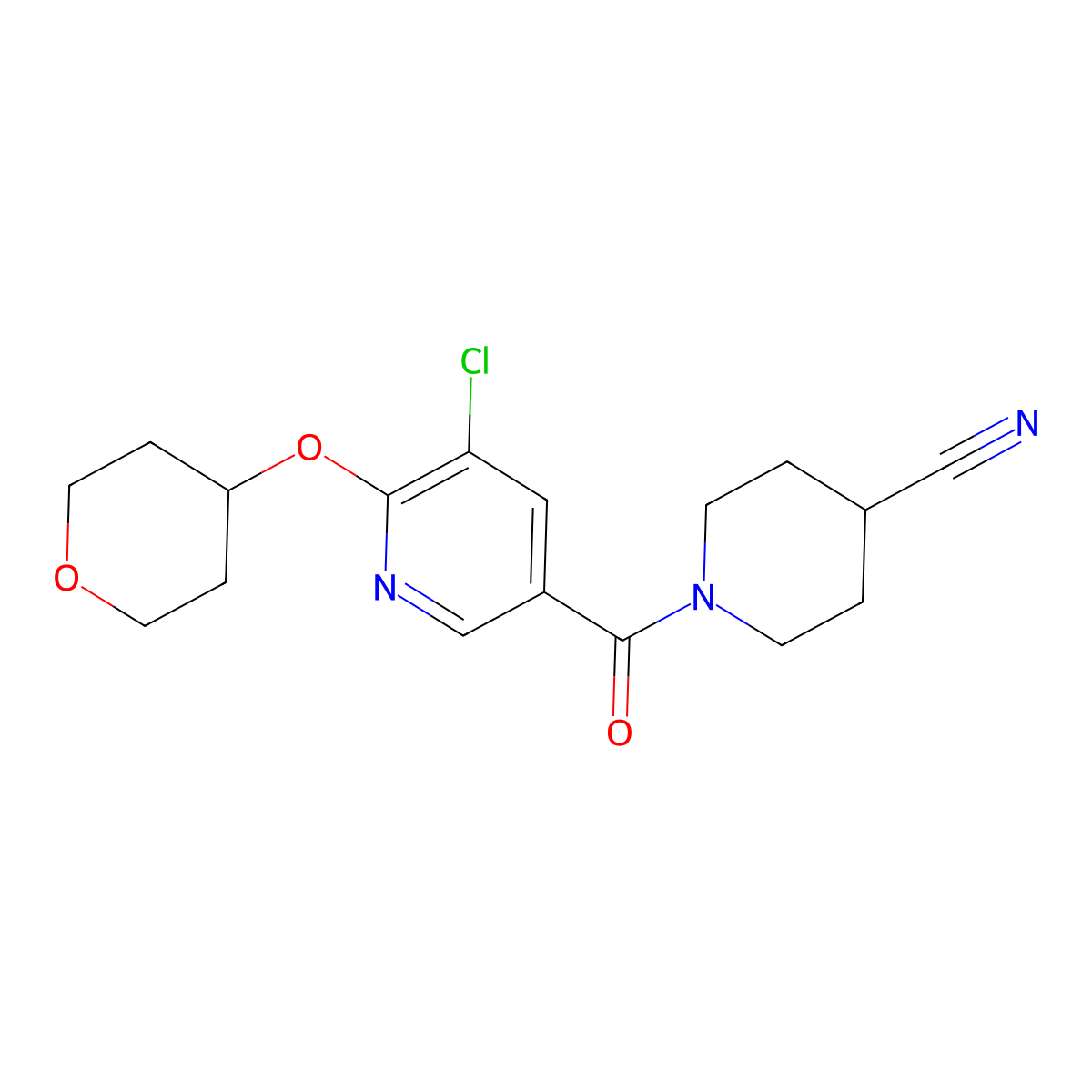 1-[5-Chloro-6-(oxan-4-yloxy)pyridine-3-carbonyl]piperidine-4-carbonitrile molecular structure, CAS 1903559-73-8
