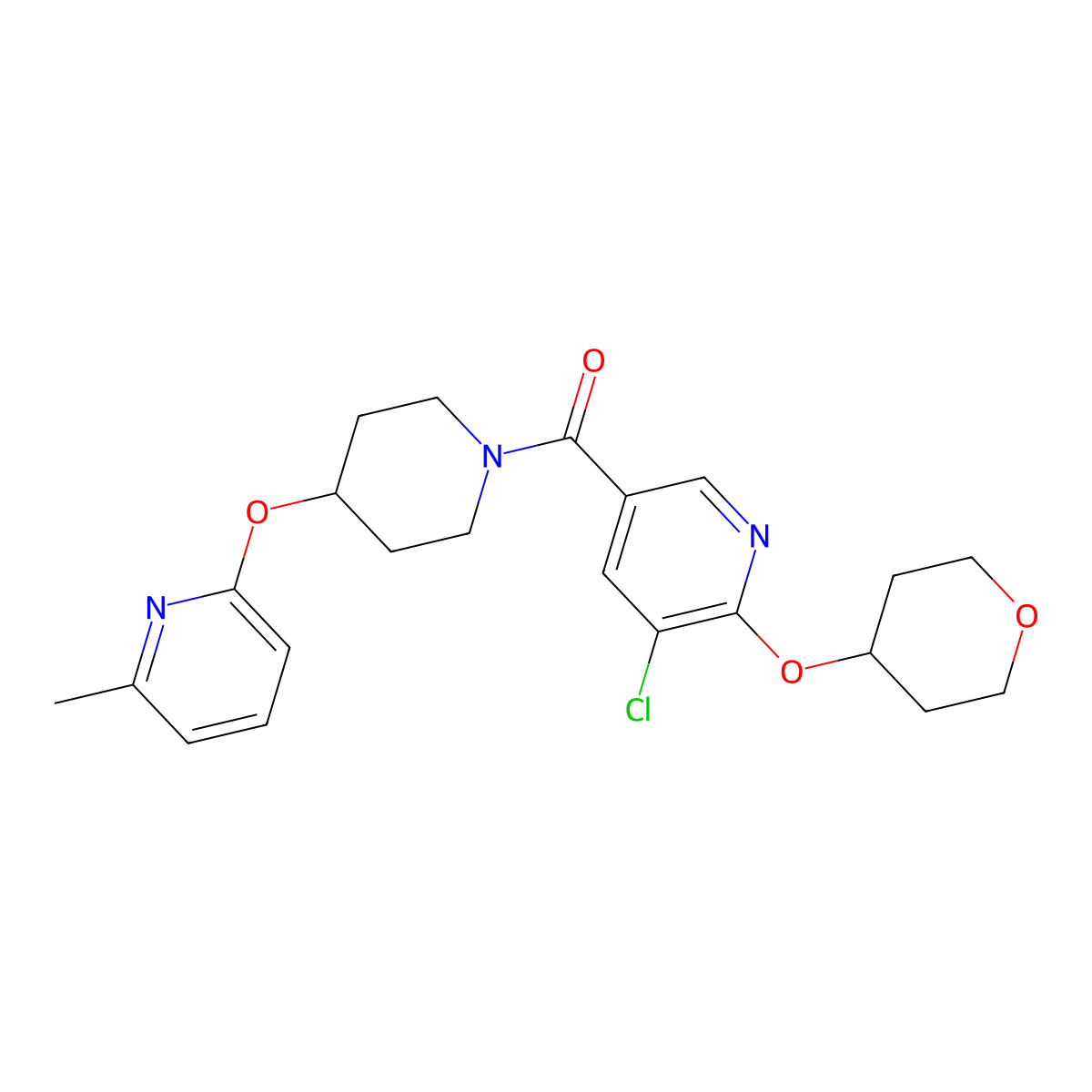 (5-chloro-6-((tetrahydro-2H-pyran-4-yl)oxy)pyridin-3-yl)(4-((6-methylpyridin-2-yl)oxy)piperidin-1-yl)methanone molecular structure, CAS 1903559-91-0