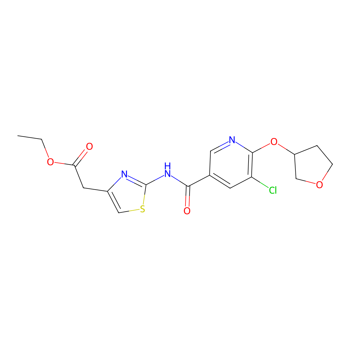 Ethyl 2-(2-(5-chloro-6-((tetrahydrofuran-3-yl)oxy)nicotinamido)thiazol-4-yl)acetate molecular structure, CAS 1903563-88-1