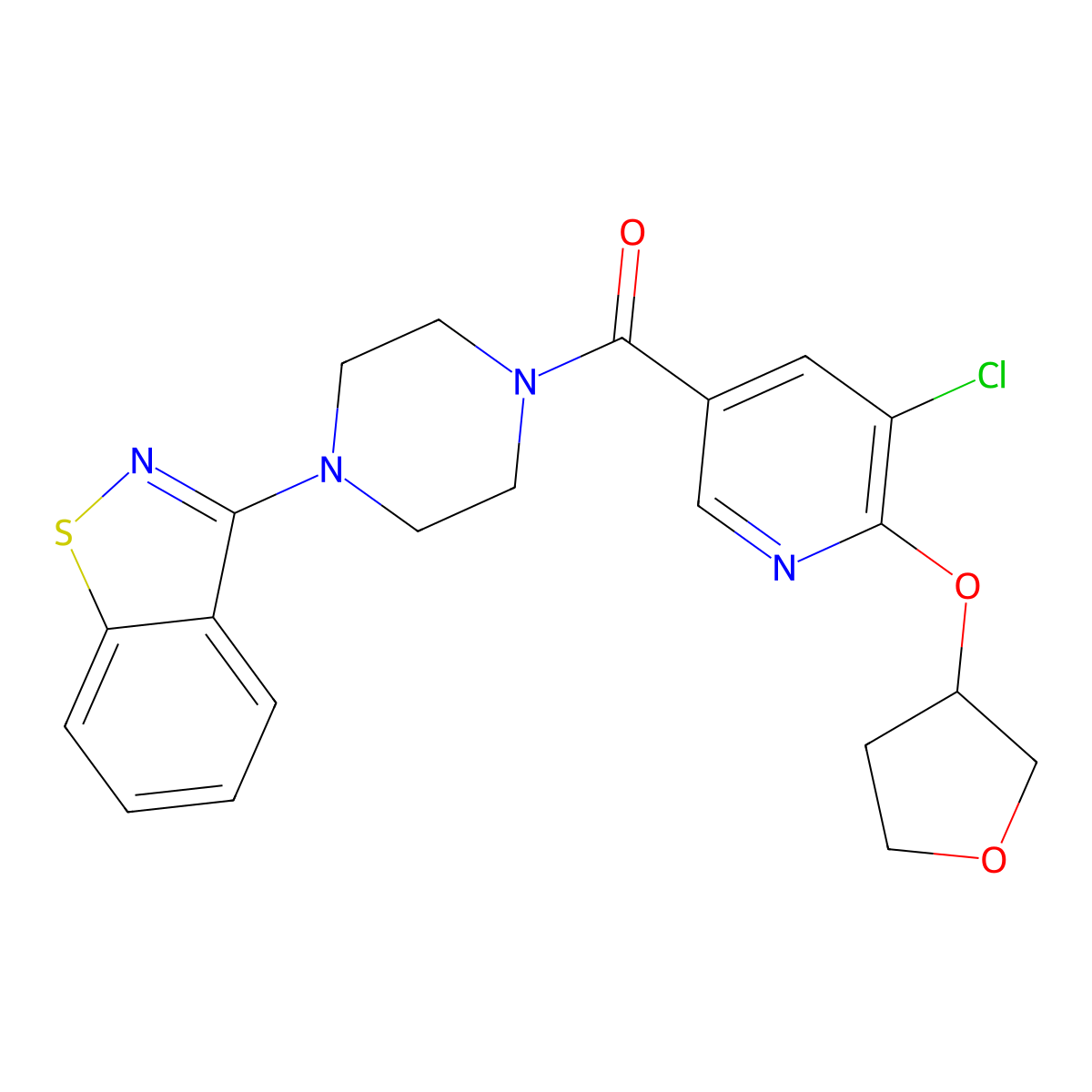 (4-(Benzo[d]isothiazol-3-yl)piperazin-1-yl)(5-chloro-6-((tetrahydrofuran-3-yl)oxy)pyridin-3-yl)methanone molecular structure, CAS 1903564-41-9