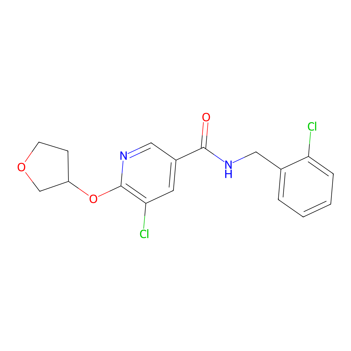5-chloro-N-(2-chlorobenzyl)-6-((tetrahydrofuran-3-yl)oxy)nicotinamide molecular structure, CAS 1903568-41-1