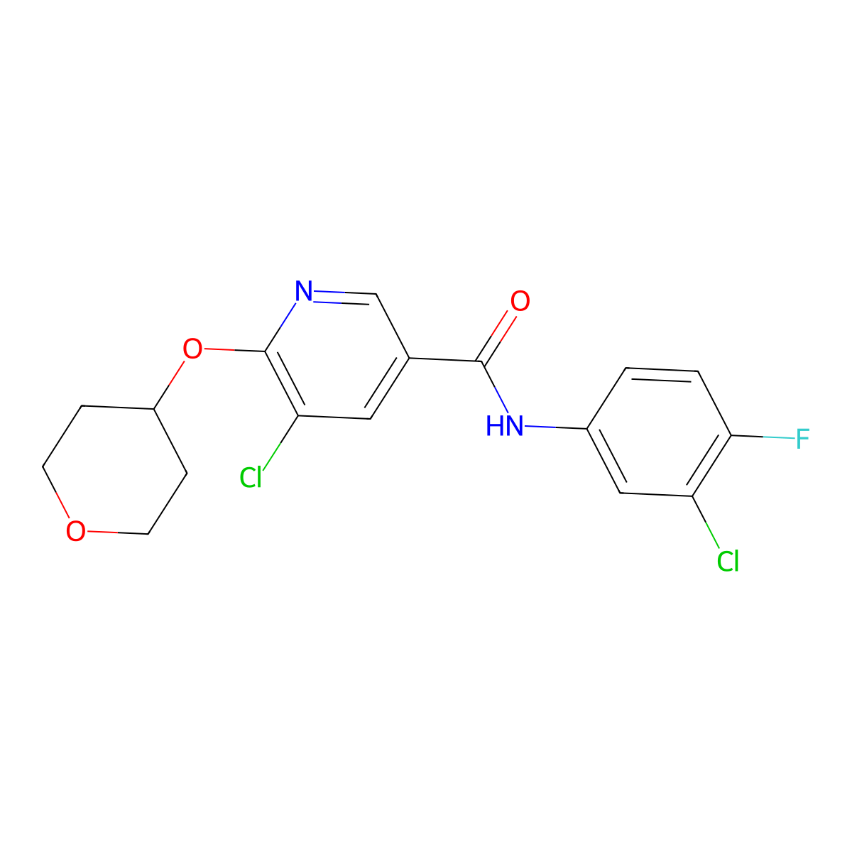 5-chloro-N-(3-chloro-4-fluorophenyl)-6-((tetrahydro-2H-pyran-4-yl)oxy)nicotinamide molecular structure, CAS 1903569-43-6