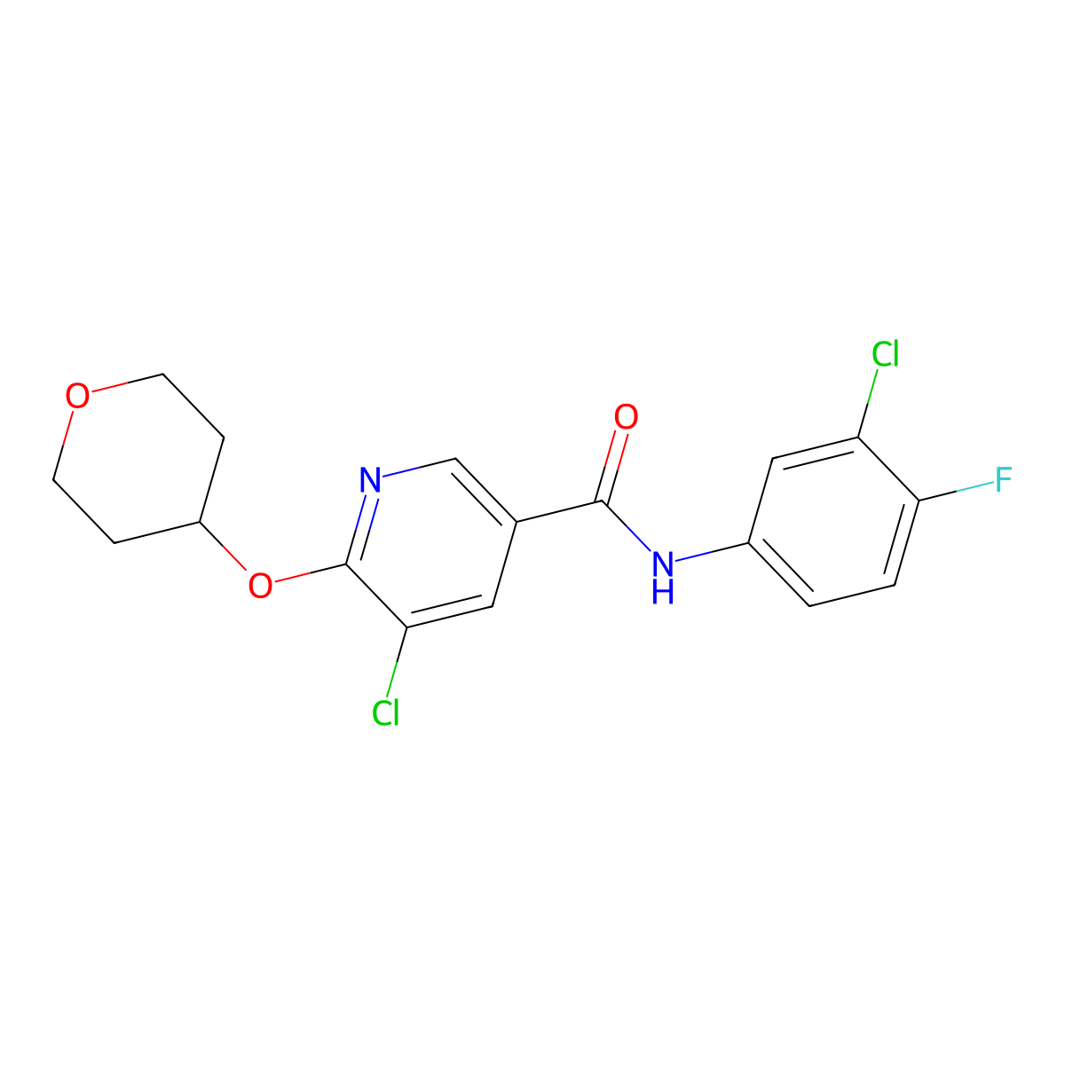 5-chloro-N-(3-chloro-4-fluorophenyl)-6-((tetrahydro-2H-pyran-4-yl)oxy)nicotinamide molecular structure, CAS 1903569-43-6
