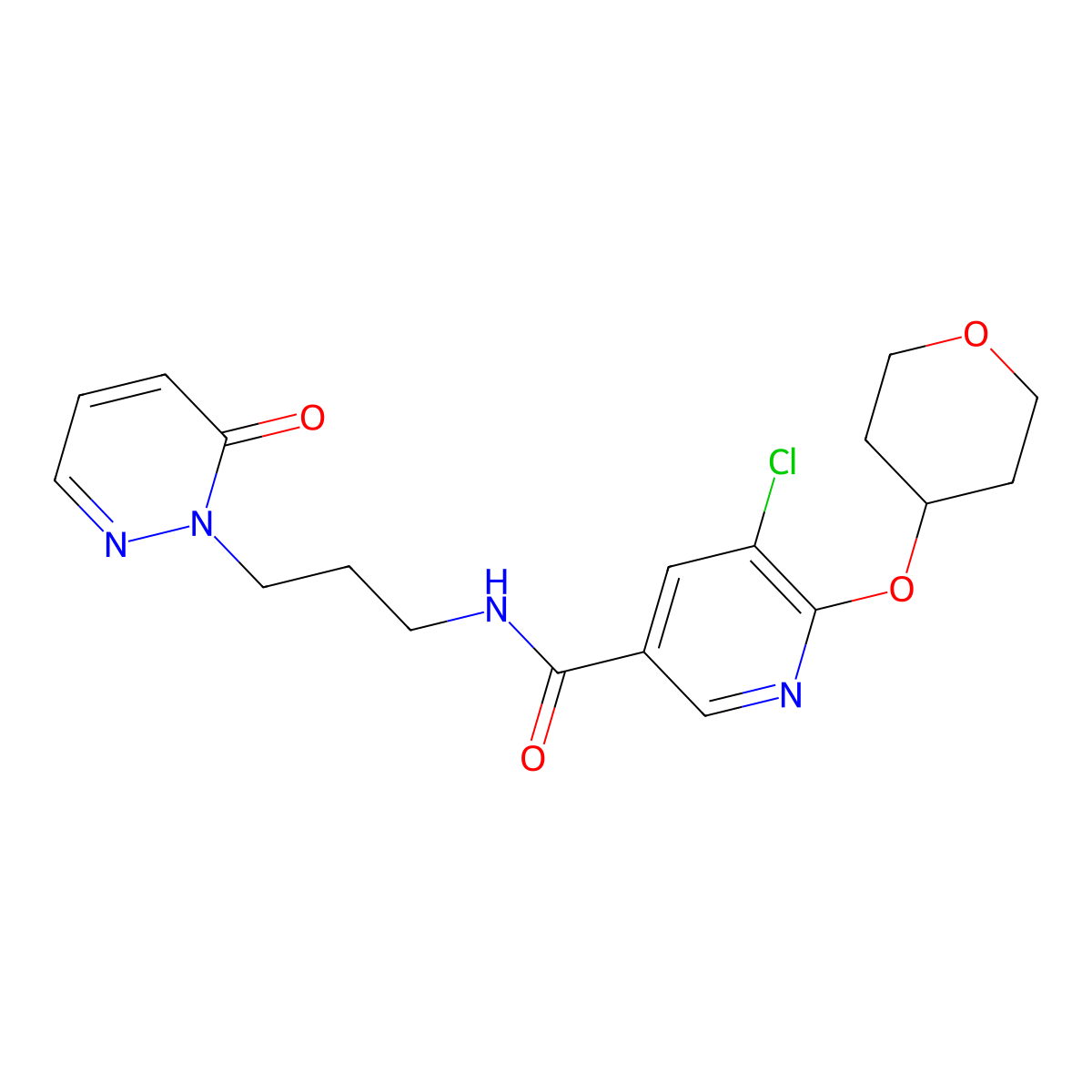 5-chloro-N-(3-(6-oxopyridazin-1(6H)-yl)propyl)-6-((tetrahydro-2H-pyran-4-yl)oxy)nicotinamide molecular structure, CAS 1903569-88-9