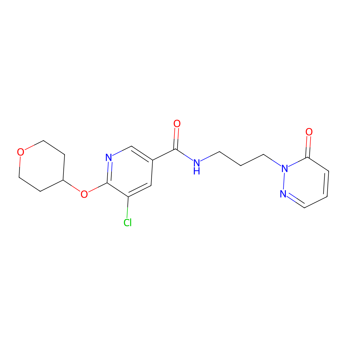 5-chloro-N-(3-(6-oxopyridazin-1(6H)-yl)propyl)-6-((tetrahydro-2H-pyran-4-yl)oxy)nicotinamide molecular structure, CAS 1903569-88-9